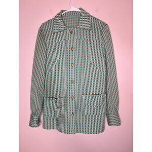 1970s Teal Green Mint Gold Tweed Disco Dagger Western Rodeo Button Up Shirt L